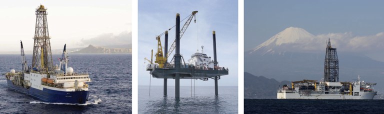 IODP operates the JOIDES Resolution (left), mission-specific platforms (middle) and the Chikyu (right). homepage_banner.jpg